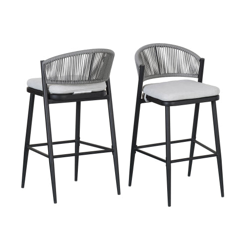 Outdoor 30.25" Seat Height Metal Frame Barstools with PE Rattan Scallop-shaped Backrest, Set of 2, Matte Black