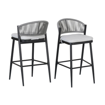 Outdoor 30.25" Seat Height Metal Frame Barstools with PE Rattan Scallop-shaped Backrest, Set of 2, Matte Black