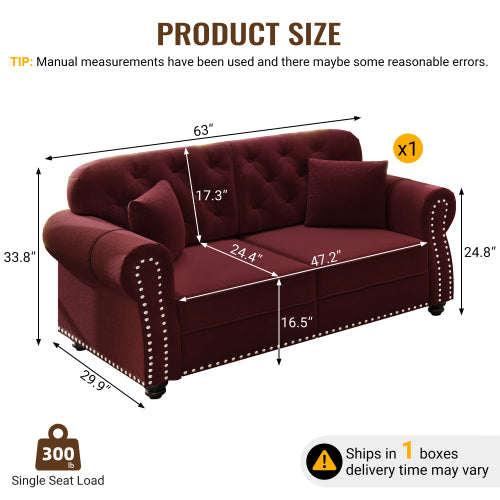63 inch  Burgundy Mid-Century Velvet Sofa, Nailhead Trim, Rolled Arms, 2 Pillows