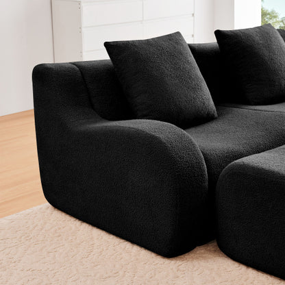 Black Teddy Fabric Modular Ottoman, No-Assembly Plush Footrest for Sectional Sofa