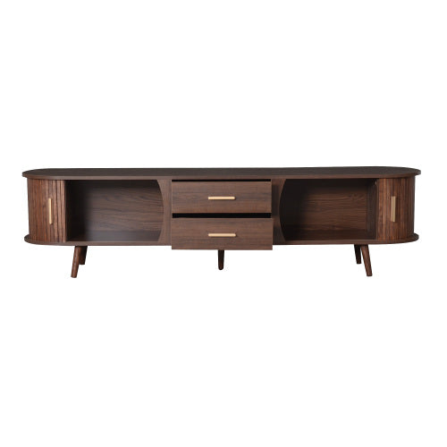 70.8 Inch Dark Brown Mid-Century Sliding Door TV Stand Solid Wood Leg Media Console Fits 80 Inch TV