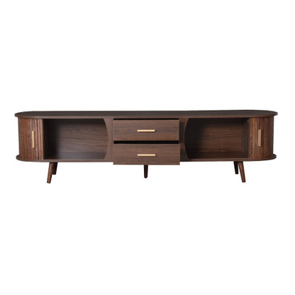 70.8 Inch Dark Brown Mid-Century Sliding Door TV Stand Solid Wood Leg Media Console Fits 80 Inch TV