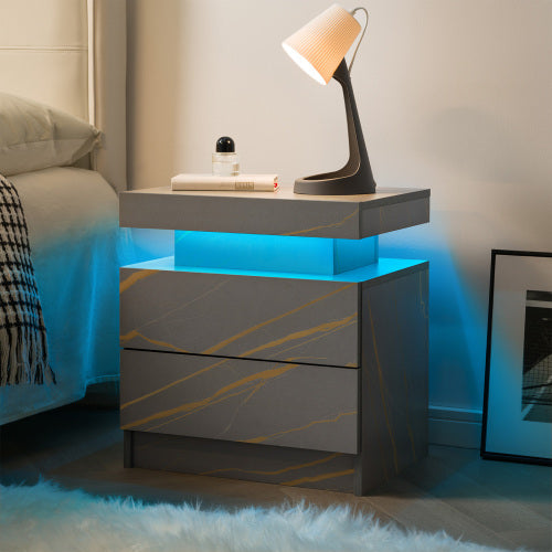 Nightstand LED Bedside Table Cabinet Lights Modern End Side with 2 Drawers for Bedroom (Grey Gold)