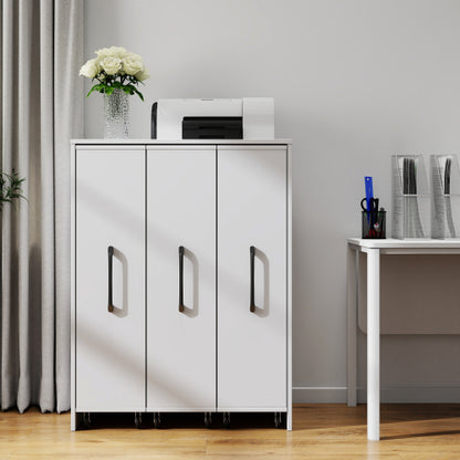 3-Tier Freestanding Pull-Out Door Mobile Bookcase Multi-Grid Storage Cabinet with Universal Wheels