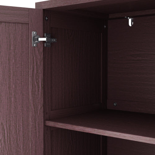 70 Inch Brown Rattan Four-Door Sideboard MDF Solid Wood Leg Adjustable Shelf Easy Assembly Home Storage Cabinet