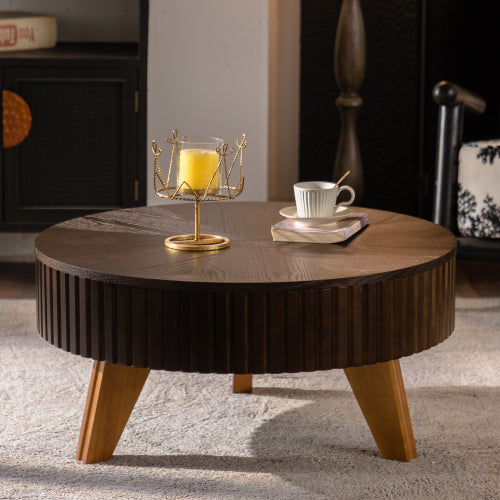 31.5inch  Retro Round Coffee Table Storage MDF Solid Wood Legs Living Room Accent Brown