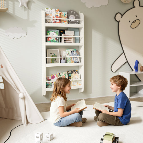 4-Tier Wall-Mounted Kids Bookshelf Anti-Tip Design High Safety Space-Saving Nursery Toy Book Organizer