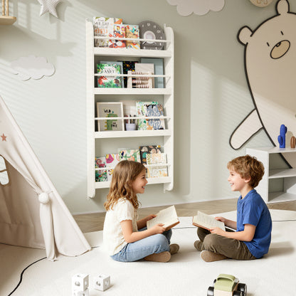 4-Tier Wall-Mounted Kids Bookshelf Anti-Tip Design High Safety Space-Saving Nursery Toy Book Organizer