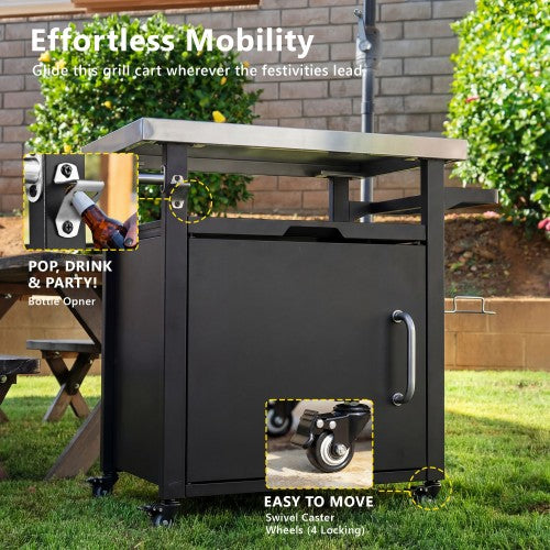 39.5 inch Outdoor Grill Cart with Storage Cabinet, Outdoor Bar Cart Pizza Oven Table with Wheels, Stainless Steel Top, Outdoor Kitchen Island with Spice & Paper Rack for BBQ, Waterproof Cover Included