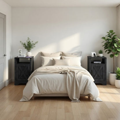 Set of 2 Farmhouse Nightstands with Charging Station, Black Storage Side Tables 16inch x 16inch x 25inch
