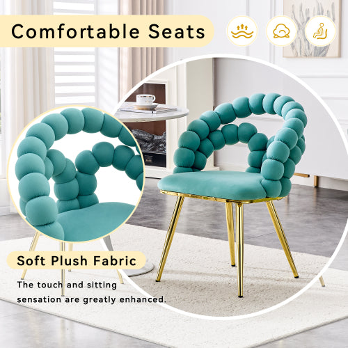 2 Pack Blue Dutch Velvet Dining Chairs, Ball-Chain Bubble Back Chairs with Gold Electroplated Metal Legs