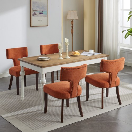 Set of 2 Orange Linen Mid-Century Farmhouse Dining Chairs, Copper Nail Curved Back Walnut Solid Wood Legs 300lbs Capacity