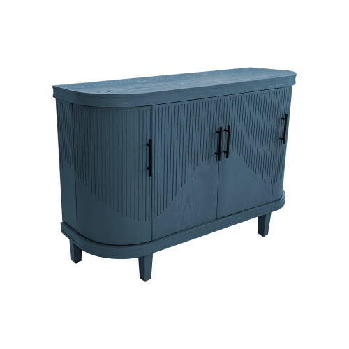 Blue Curved Sideboard 47 Inch Wood Console Cabinet 4 Doors Adjustable Shelves Ash Veneer