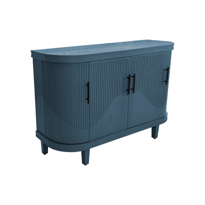 Blue Curved Sideboard 47 Inch Wood Console Cabinet 4 Doors Adjustable Shelves Ash Veneer