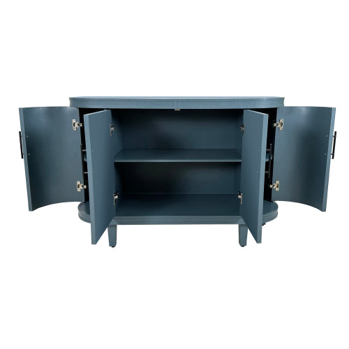 Blue Curved Sideboard 47 Inch Wood Console Cabinet 4 Doors Adjustable Shelves Ash Veneer