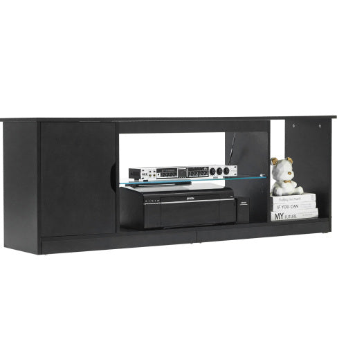 65 Inch Black Minimalist LED Light TV Stand with Tempered Glass Adjustable Storage Shelves