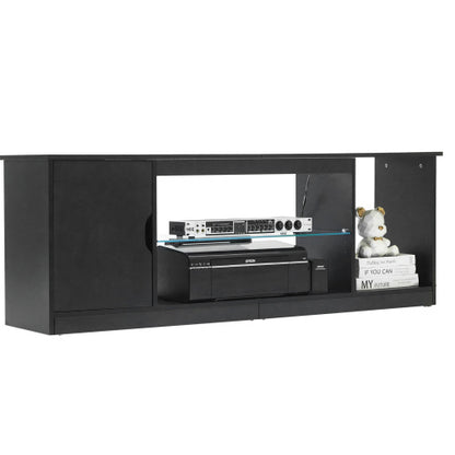 65 Inch Black Minimalist LED Light TV Stand with Tempered Glass Adjustable Storage Shelves
