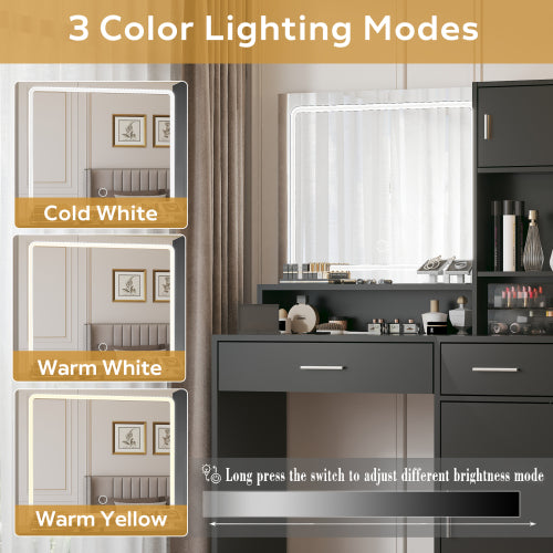 Black Vanity Desk with Mirror & LED Light Strip, Large Drawer, 3-Level Storage Dresser, 3 Lighting Modes, Adjustable Brightness
