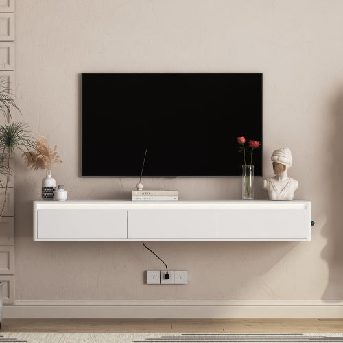 White Floating Wall Mount TV Cabinet with Touch LED Light Strip & Power Charging Ports for Living Room