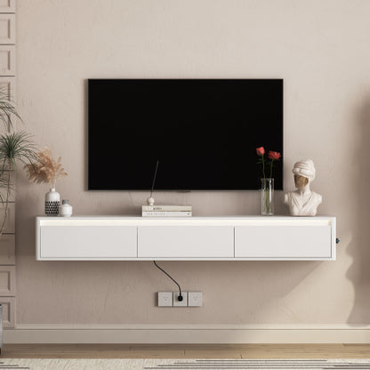 White Floating Wall Mount TV Cabinet with Touch LED Light Strip & Power Charging Ports for Living Room