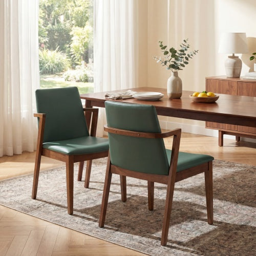 Set of 2 Mid-Century Green PU Arm Dining Chairs, Walnut Rubber Wood Frame 250lbs Capacity