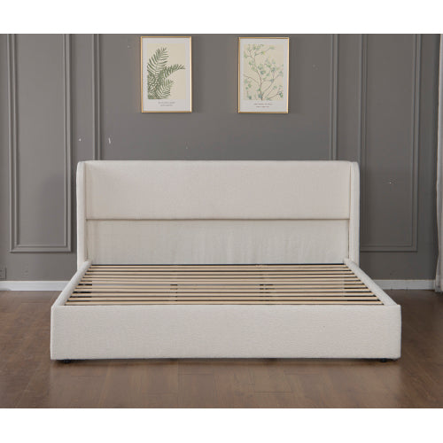 Queen Size Boucle Bed Frame, Upholstered Cloud Bed Frame with Headboard, Solid Wood Legs and Slats, No Box Spring Needed, White