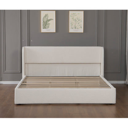 Queen Size Boucle Bed Frame, Upholstered Cloud Bed Frame with Headboard, Solid Wood Legs and Slats, No Box Spring Needed, White