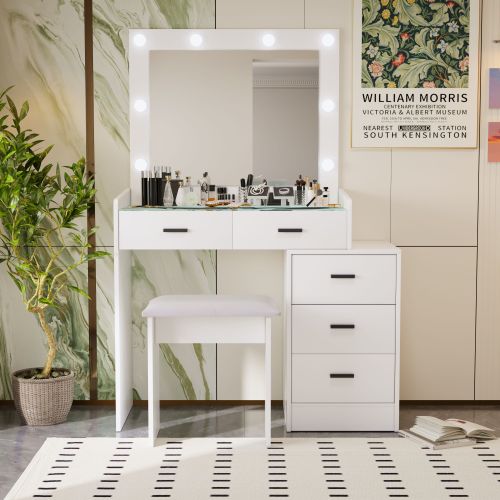 White Adjustable Vanity Desk with 5 Drawers, LED Mirror, 3 Lighting Modes & Matching Stool