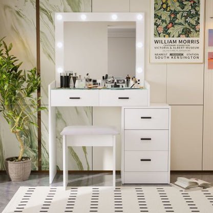 White Adjustable Vanity Desk with 5 Drawers, LED Mirror, 3 Lighting Modes & Matching Stool