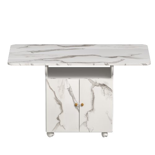Folding Dining Table with Storage Cabinet Wheels and Marble Finish White