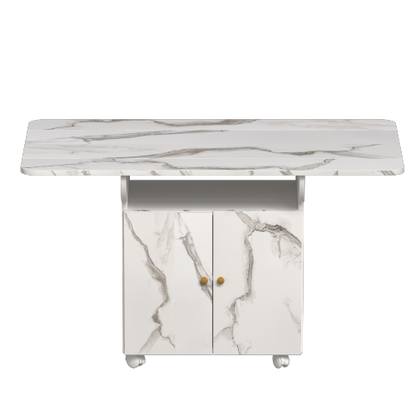 Folding Dining Table with Storage Cabinet Wheels and Marble Finish White