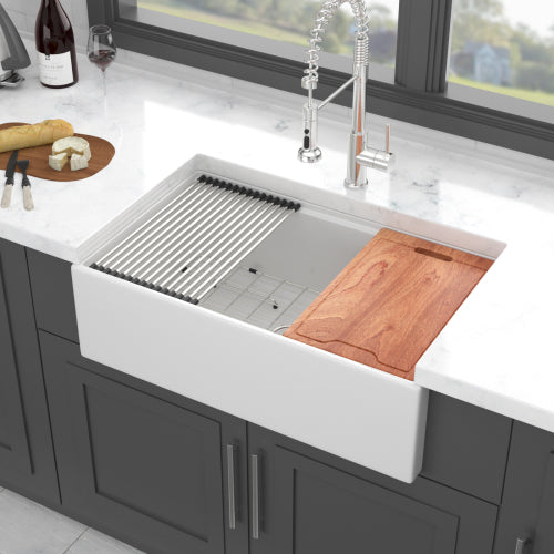30 x 20 x 10 inch White Farmhouse Sink Workstation - Porcelain Ceramic Single Bowl Farm Kitchen Sink