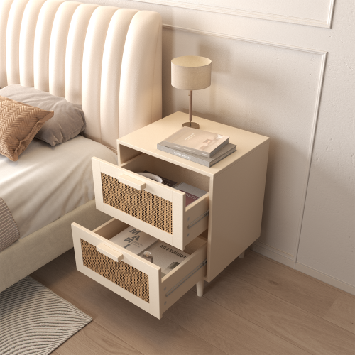 Rattan Nightstand, Wood End Table, Side Table with 2 Faux Rattan-Decorated Drawers, Bedside Table,Wood Accent Table with Storage for Livingroom, Bedroom,Burly wood