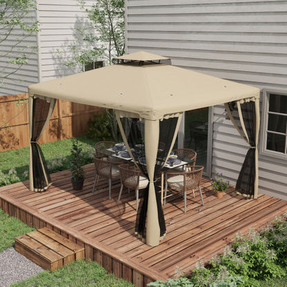 Outsunny 9.6' x 11.6' Patio Gazebo, Outdoor Canopy Shelter with 2-Tier Roof and Netting, Steel Frame for Garden, Lawn, Backyard, and Deck, Taupe