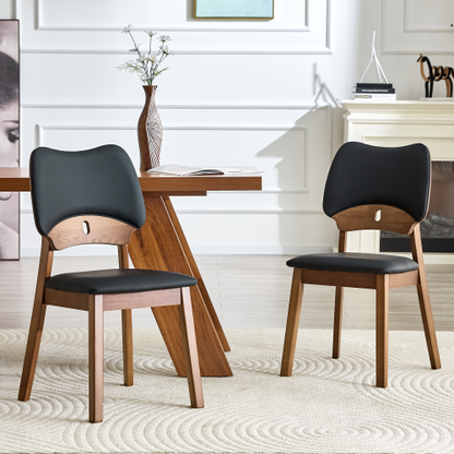 Set of 2 Walnut Wood Dining Chairs, Black PU Upholstered Hollow Back Modern Kitchen Chairs