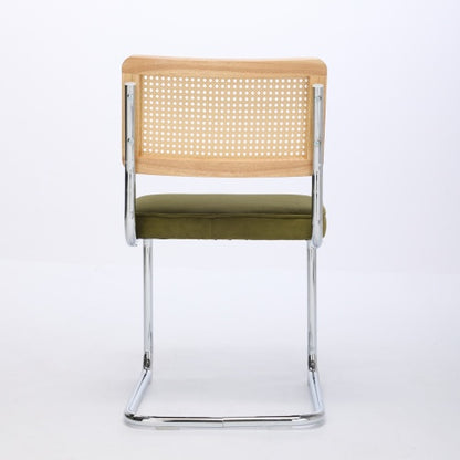 Mid Century Modern Dining Chairs Set of 2, Velvet Accent Chairs with Natural Cane Back and Stainless Chrome Base, Olive Green