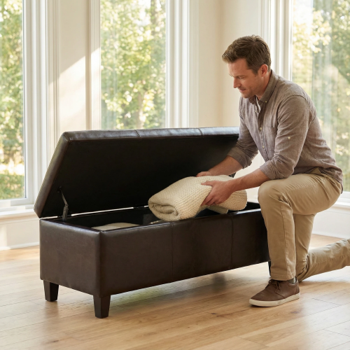 Distressed Brown Vegan Leather Storage Ottoman Bench, 50.25 Inch Assembled Entryway Bench with Safety Hinge