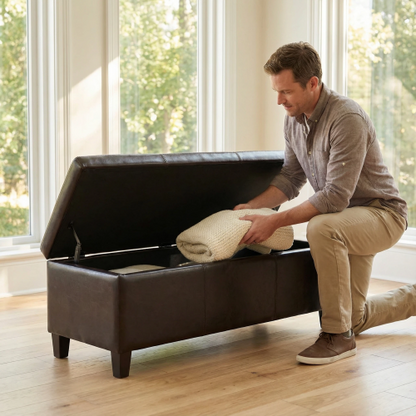 Distressed Brown Vegan Leather Storage Ottoman Bench, 50.25 Inch Assembled Entryway Bench with Safety Hinge