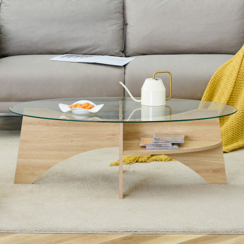 Oval Tempered Glass Coffee Table 41.3 Inch Wood Grain Legs Modern Accent