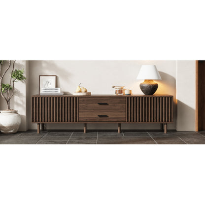 70.8 inch Dark Brown Slatted TV Stand Solid Pine Leg Media Console Fits Up To 80 Inch TV