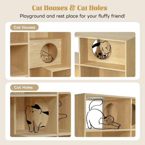 Modern Cat House Bookshelf with Storage and Litter Box Natural