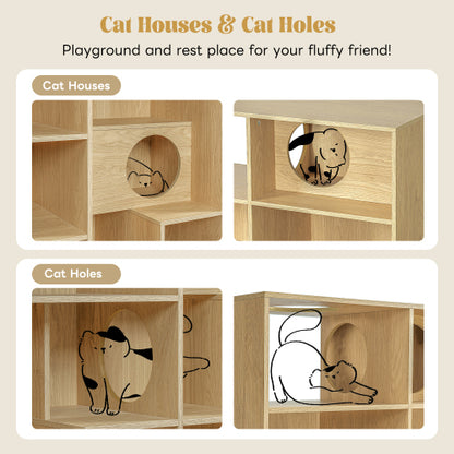 Modern Cat House Bookshelf with Storage and Litter Box Natural