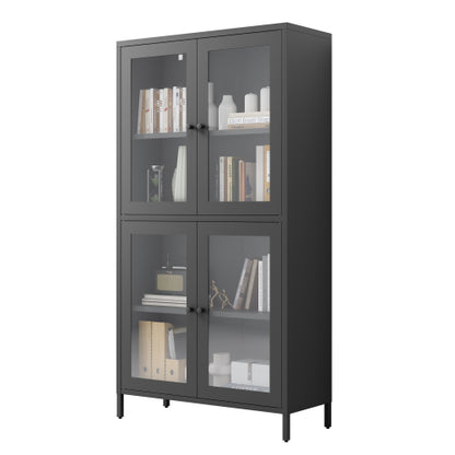 Black Classic 4-Glass-Door Metal Storage Cabinet Adjustable Shelf Home Office Display Cabinet