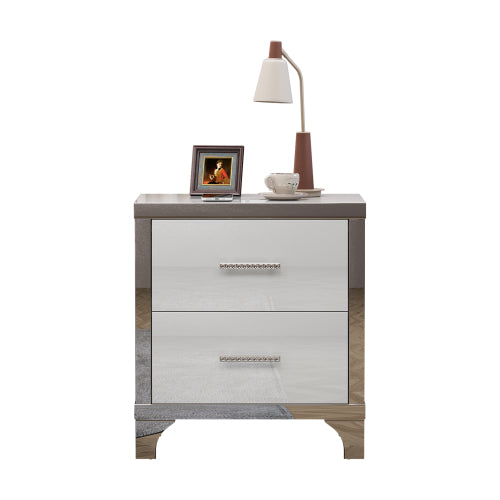 High Gloss Mirrored Nightstand with 2 Drawers,Modern End Table with Drawers,Mirrored High Gloss Wood Nightstand Metal Handle Bedside End Table for Bedroom, Dorm,Living Room,White