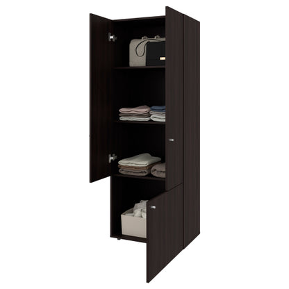 3-Door Tall Wardrobe Cabinet with 4 Shelves – Freestanding Storage Armoire for Bedroom or Entryway, Stained Walnut