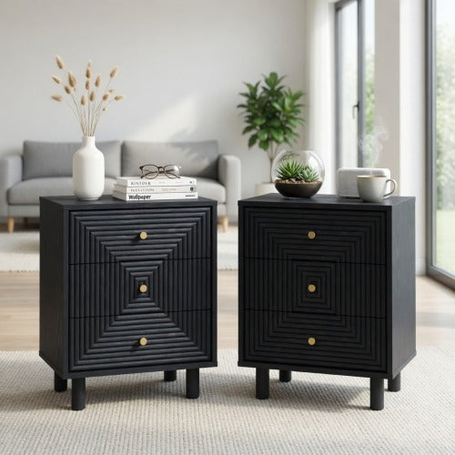 18.7inch Black Modern Nightstand, 3 Geometric Drawers with Gold Knobs & Solid Wood Legs