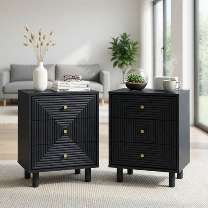 18.7inch Black Modern Nightstand, 3 Geometric Drawers with Gold Knobs & Solid Wood Legs