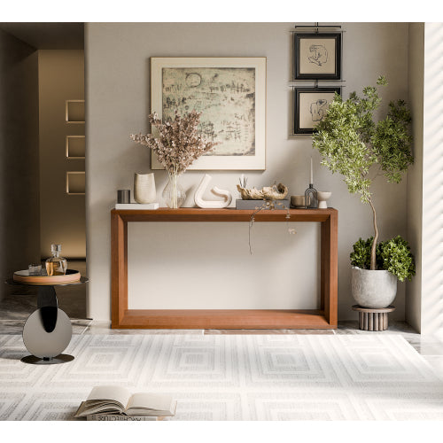 60 inch Rectangular Solid Wood Veneer Console Table, Wide Sofa Table,  Behind Couch Table with Ample Storage for Entryway & Living Room, Dark Brown