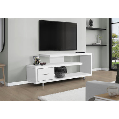 60 Inch Gloss White Art-Deco TV Stand with Right Storage Drawer & Triple Wide Tabletops