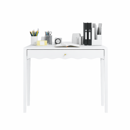 White 35.43inch  Vanity Desk with Drawer ¨C Modern Makeup Table with Scalloped Front & Gold Knob, Compact Writing Desk with 4 Sturdy Legs for Bedroom, Small Home Office & Apartment Spaces